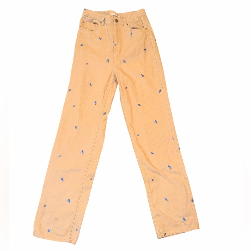 PacSun Boyfriend Corduroy Pants | Beige + Blue Embroidered Mushrooms - Size: 27 - Picture 2 of 7